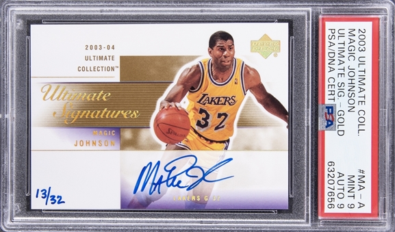 2003-04 Upper Deck Ultimate Collection "Ultimate Signatures" #MA-A Magic Johnson Signed Card (#13/32) - PSA MINT 9, PSA/DNA 9